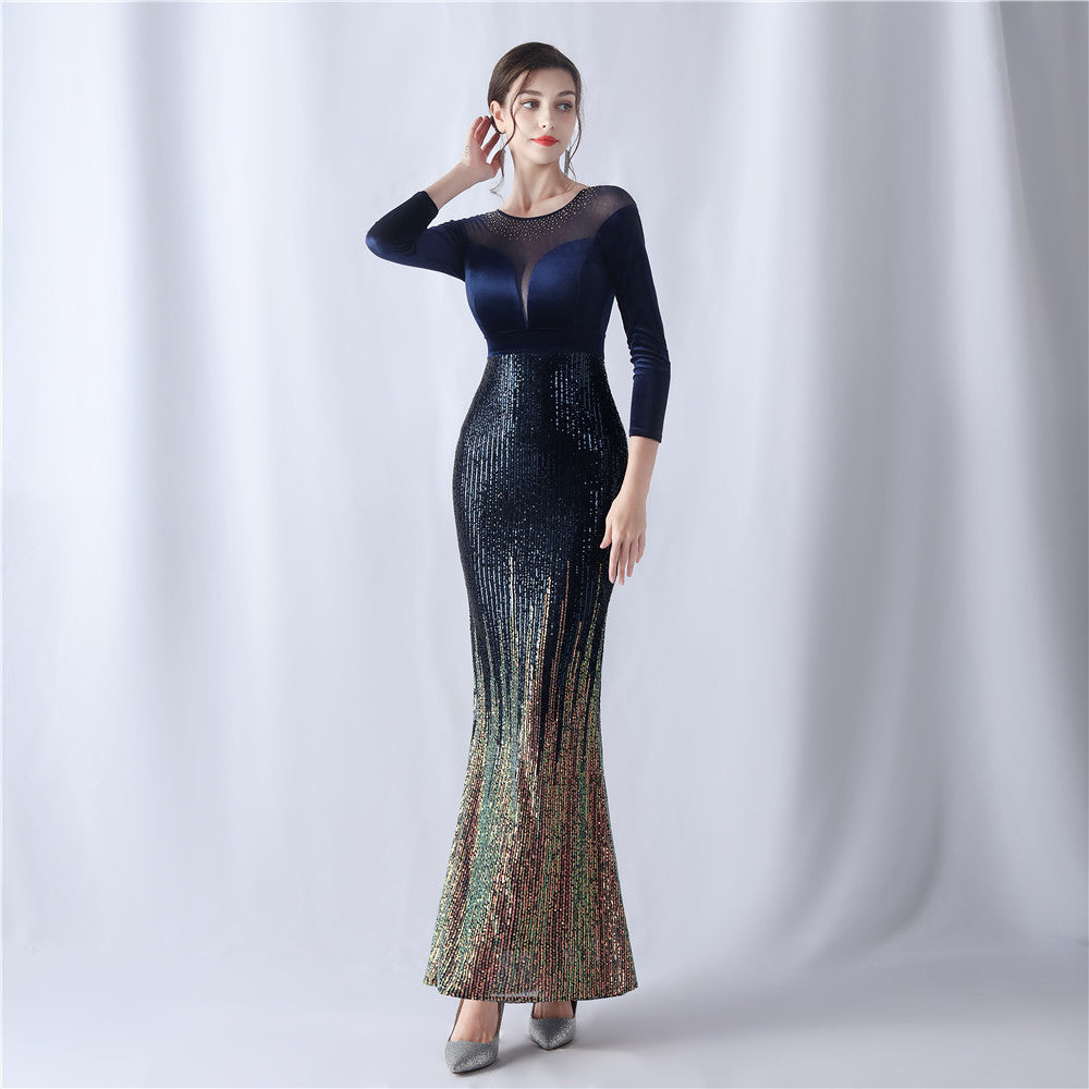Formal Long Sleeve Patch Sequin Mermaid Evening Dress 9