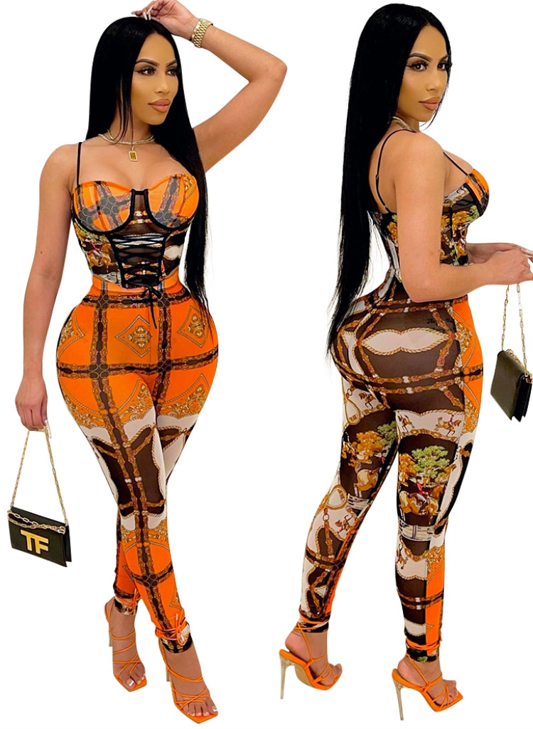 Summer Print Lace-Up Sexy Strap Bodycon Jumpsuit