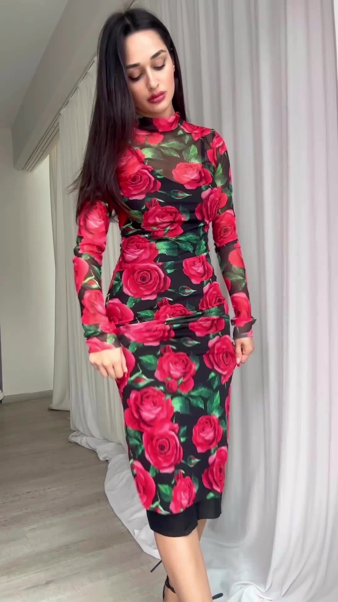 Spring Floral Print Long Sleeve Midi Dress
