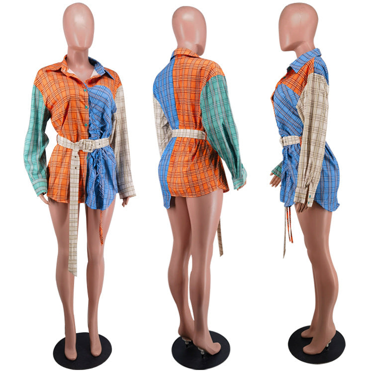 Women Fashion Printed Patchwork Long Sleeve Shirt (Including Belt) 5