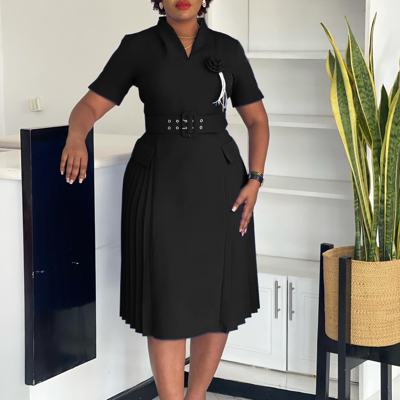 Women's Fashion Chic V-Neck Solid Color Plus Size Pleated High-Waist African Dress 4