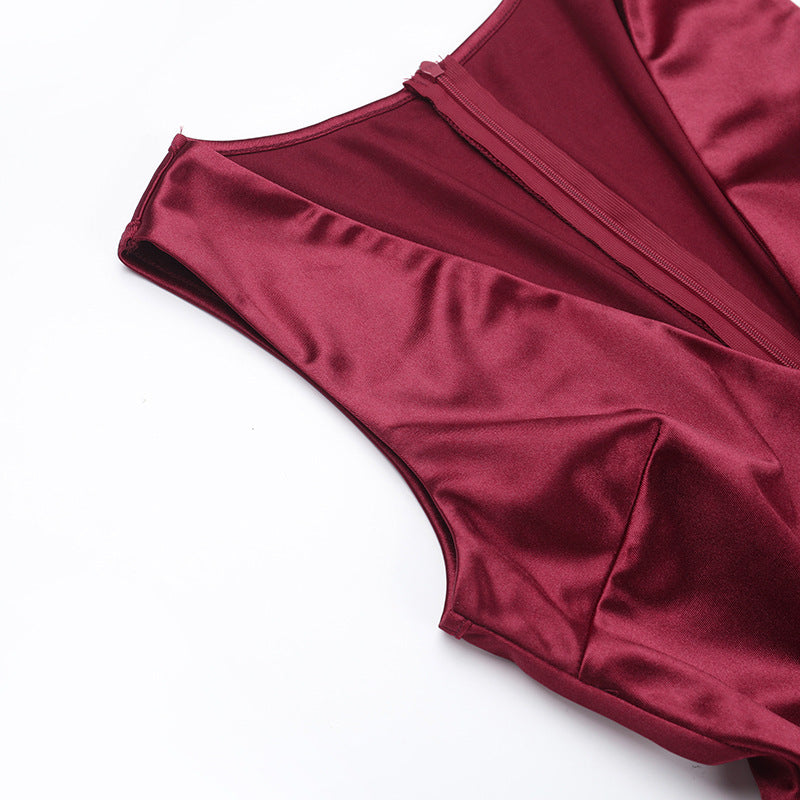 Women Sexy V Neck Satin Slit Strap Dress 16