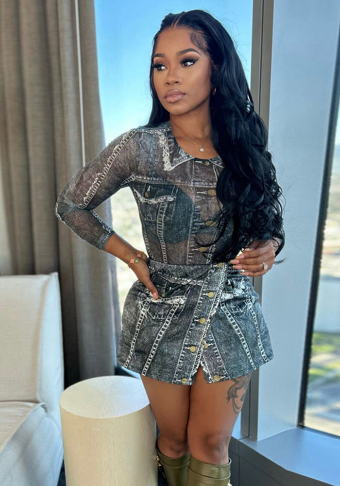 Women Mesh Bodysuit and Print Skirt two-piece set