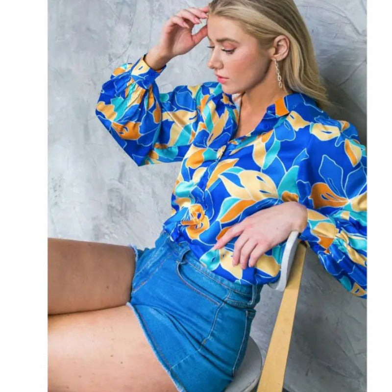 Women's Fashion Printed Puff Long Sleeve Shirt Wide Leg Pants Two-Piece Set 5