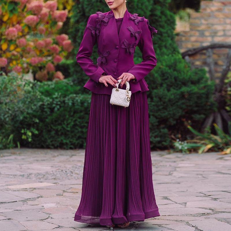 Women Elegant Butterfly Blazer Jacket + Pleated Skirt Two-piece Set 15