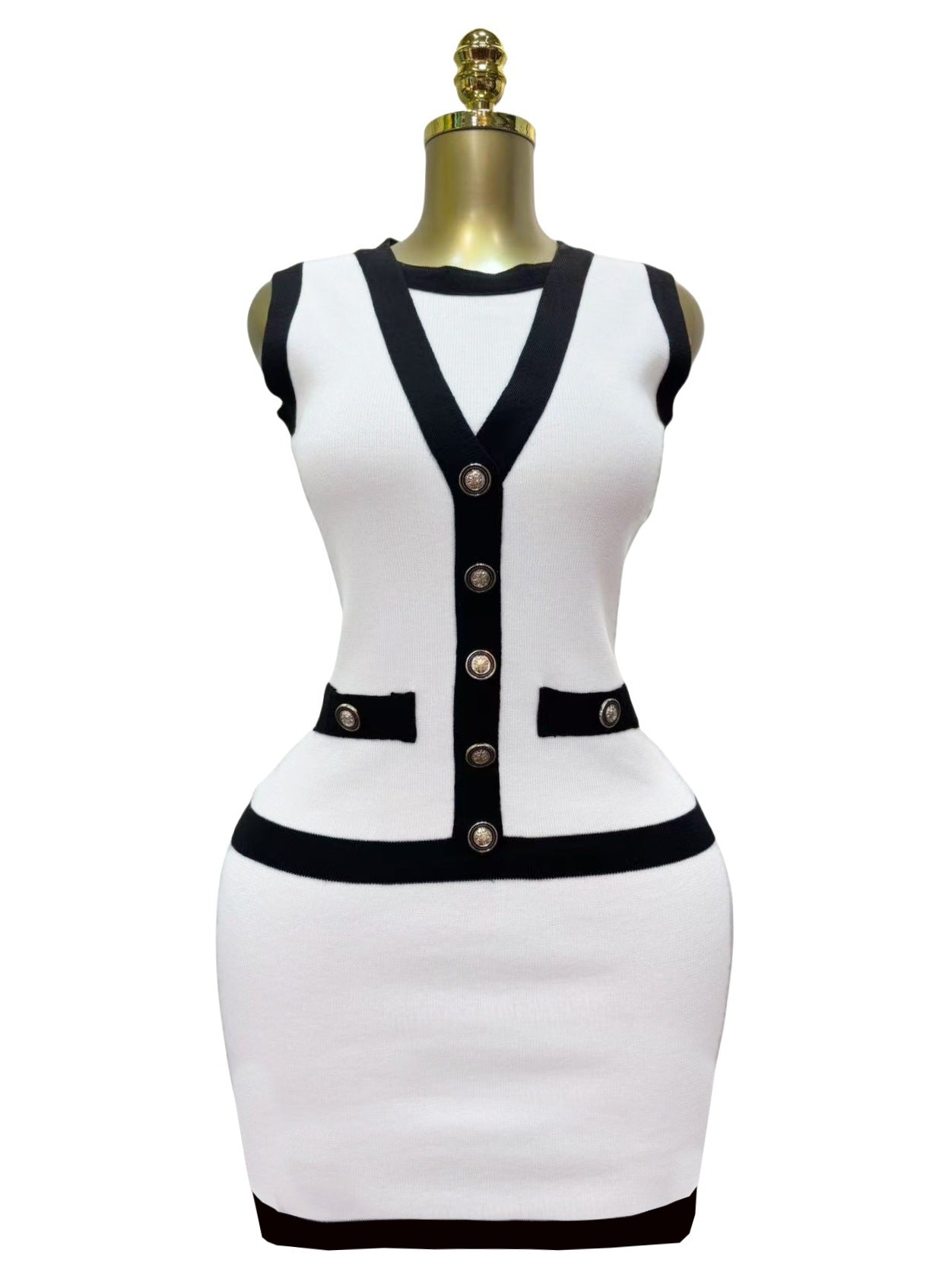 Women elegant button-down colorblock sleeveless single-breasted knitting dress 12