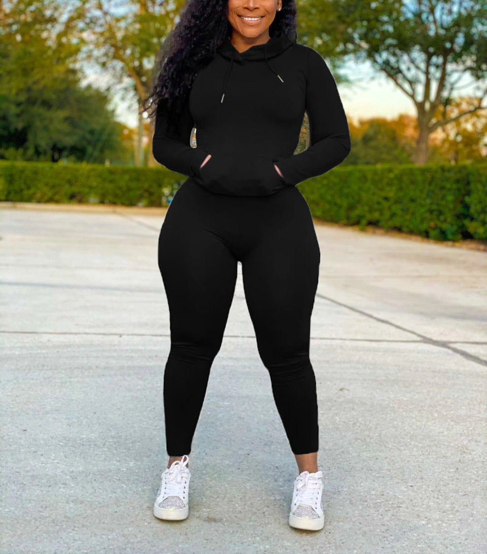 Women sports long sleeve zipper hooded pocket top and sweatpants two-piece set 3