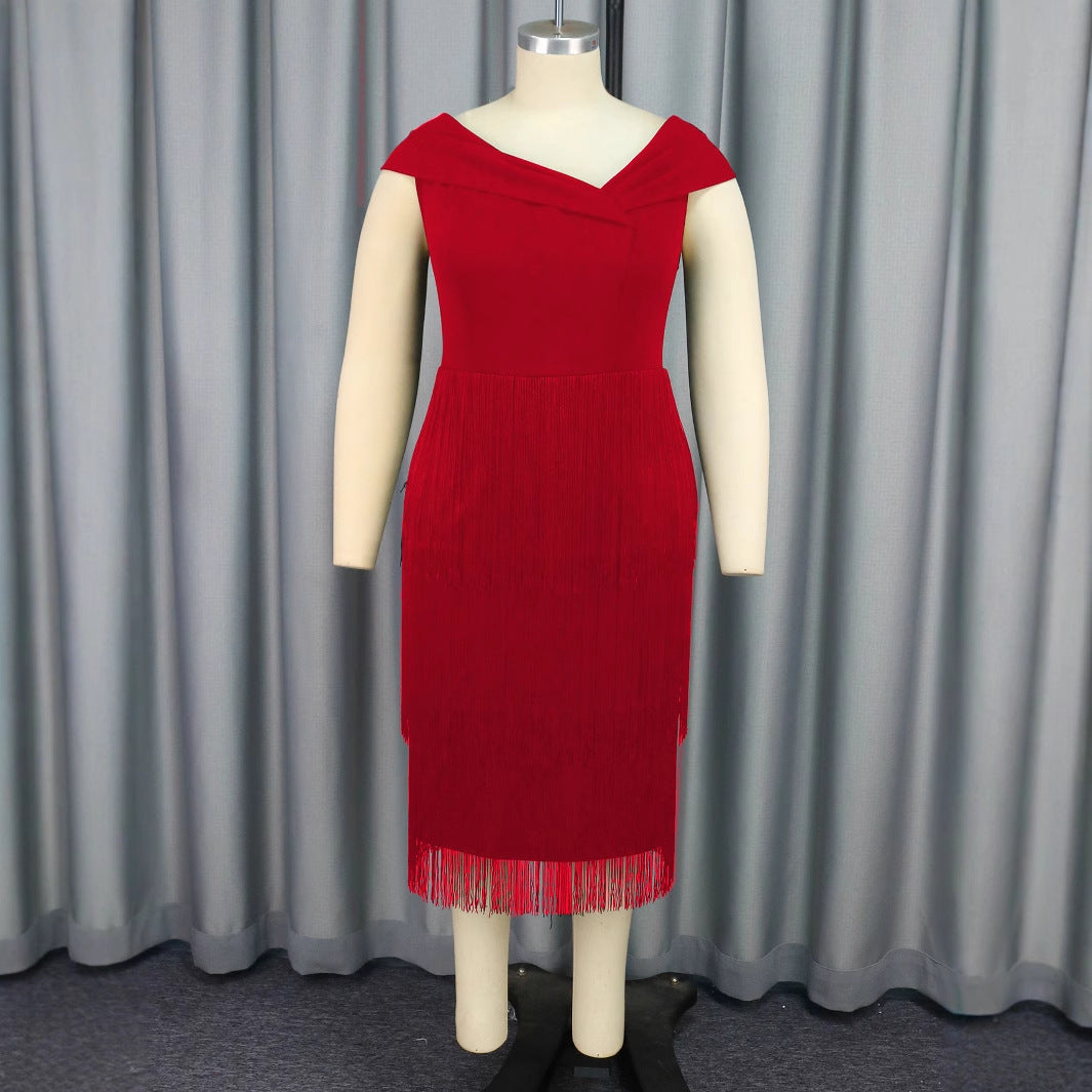 Women Asymmetric Collar Sleeveless Tassel Party Dance Elegant Dress 7