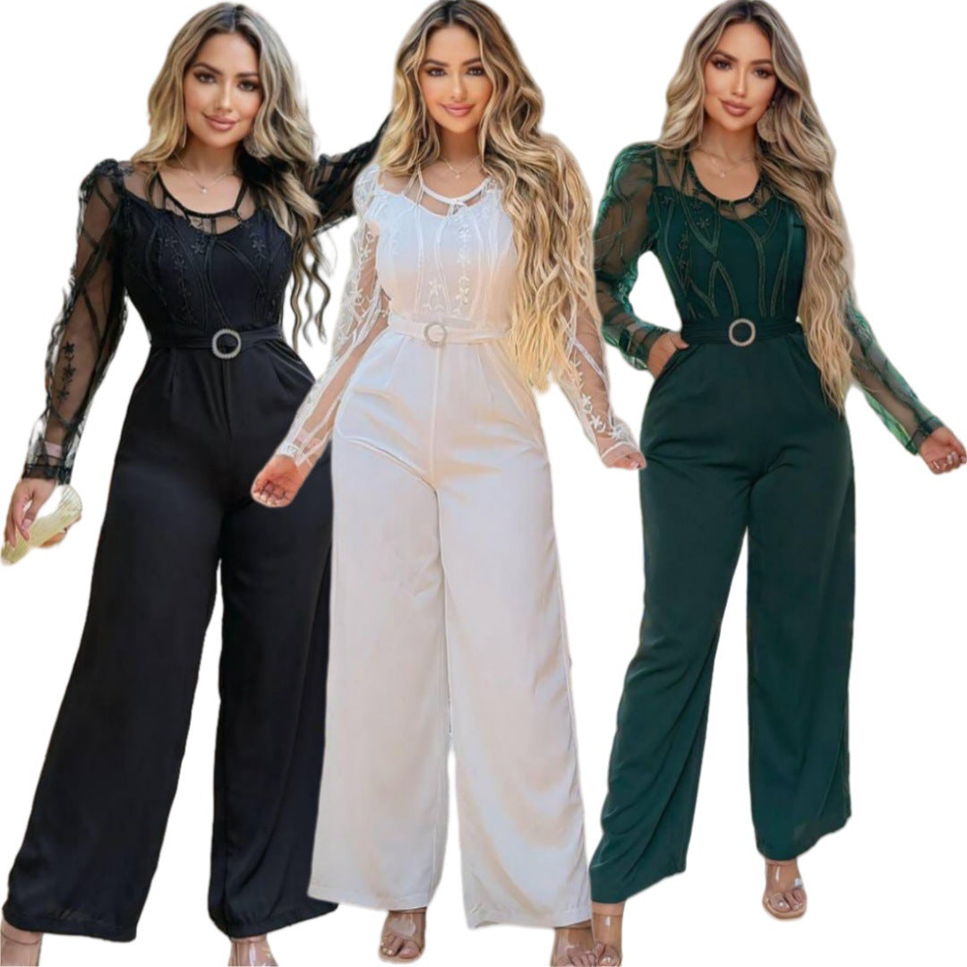 Women's Mesh See-Through Patchwork Embroidery Sexy Jumpsuit (Includes Belt) 5