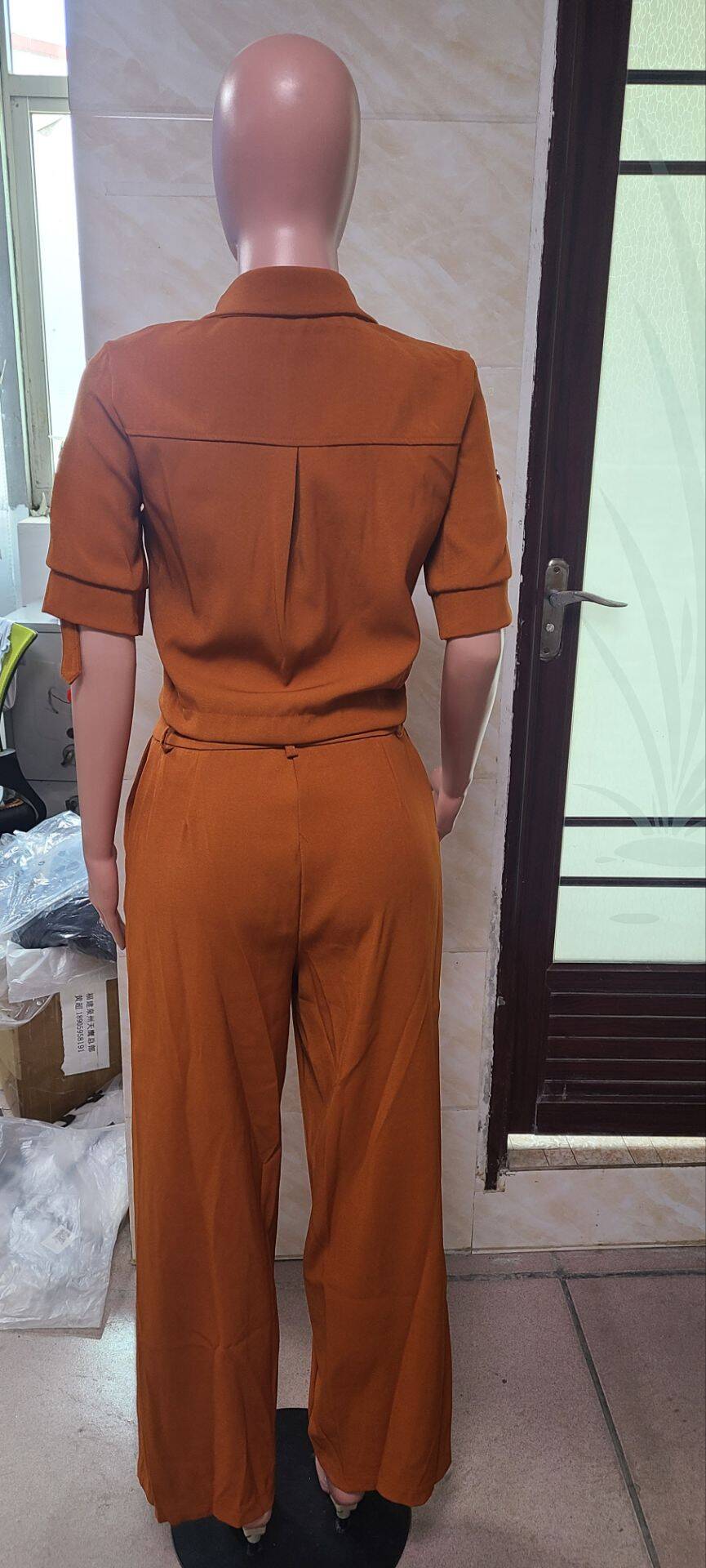 Shirt Turndown Collar Trendy Short Sleeve Shirt Top Straight Wide-Leg Trousers Career Two-Piece Set 6