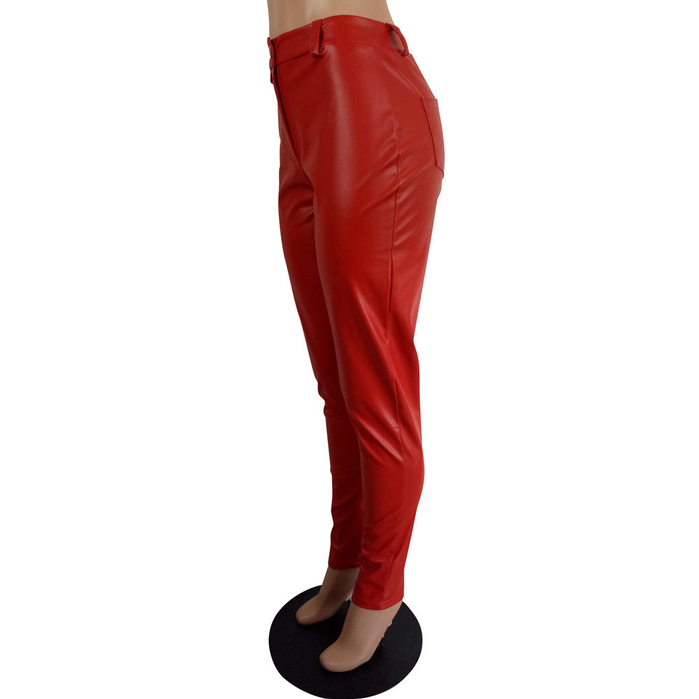 Women Chic Style Pu-Leather Trousers 16