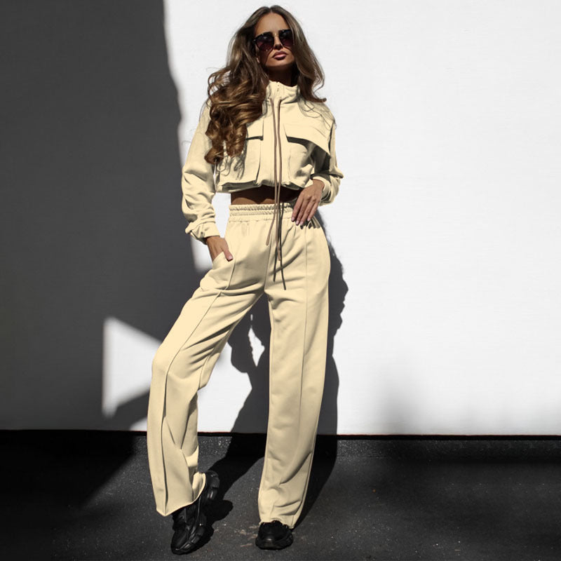 Autumn Winter Solid Color Zipper Double Pocket Drawstring Long Sleeve Top Fashion Casual Pants Suit 9