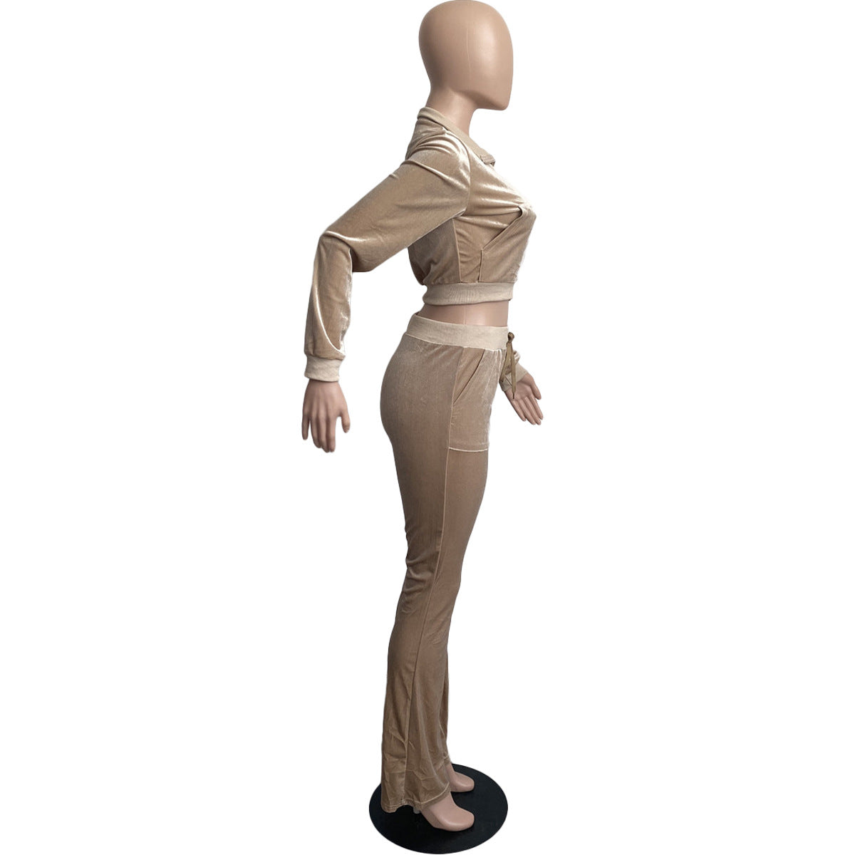 Women's Solid Color Velvet Long Sleeve Sexy Zipper Crop Top Pants Casual Sports Two Piece Set 56