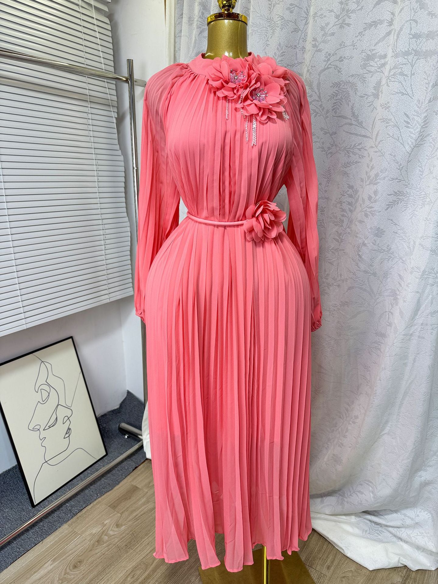 Elegant Women's Luxury Beaded Flower Belt Slim Waist Pleated Long Dress 10