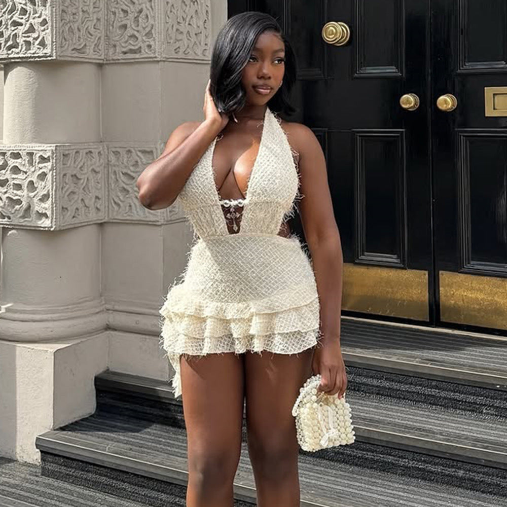 Women's V-Neck Cut-Out Tie-Up Lace-Up Low Back Fuzzy Mini Puffy Dress