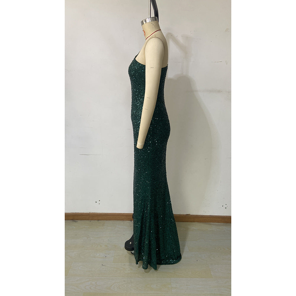 Autumn Winter Fashion Sexy One Shoulder Long Sleeve Sequin Formal Party Long Evening Dress 9