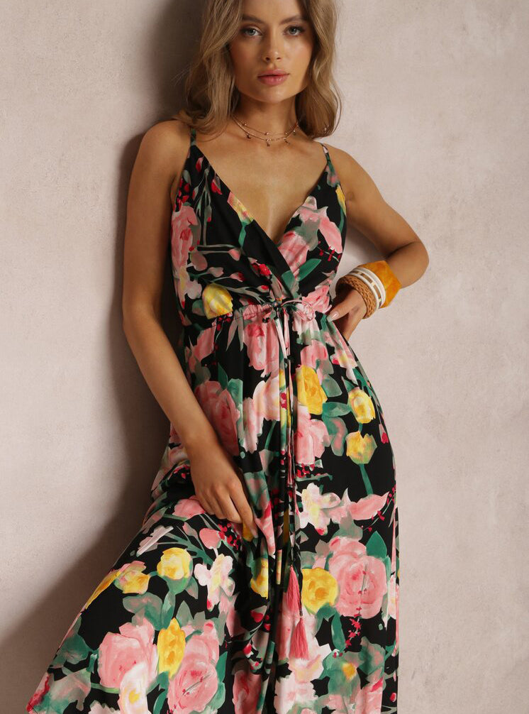 Spring Summer Women's Fashion Printed Sexy Strap Deep V Neck Low Back Long Dress 10