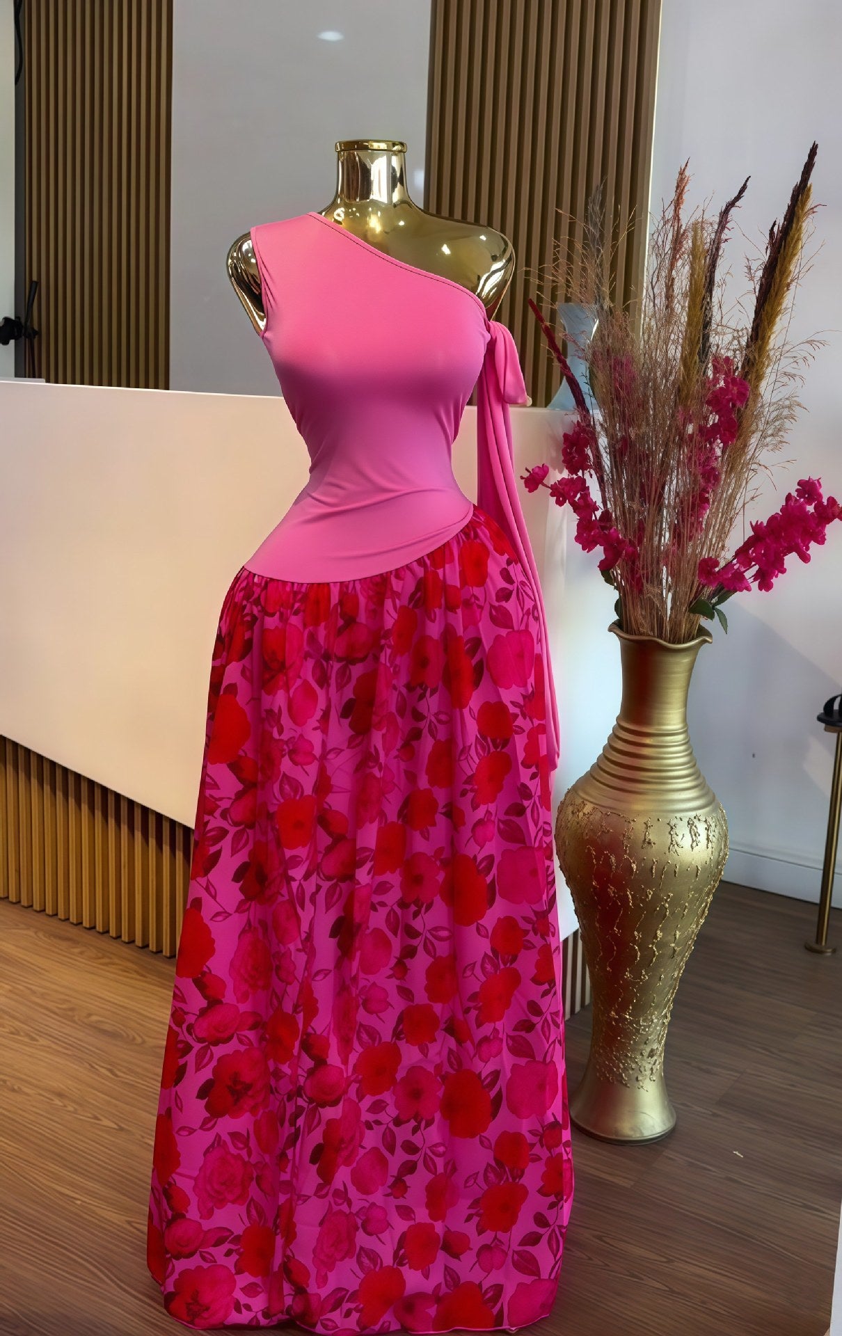 Women's Autumn Sleeveless Slash Shoulder Slim Fit Print Pleated Chic Long Dress 7