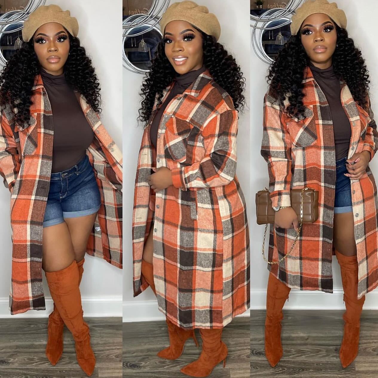 Women Autumn and Winter Loose Plaid Long Shirt Coat 3