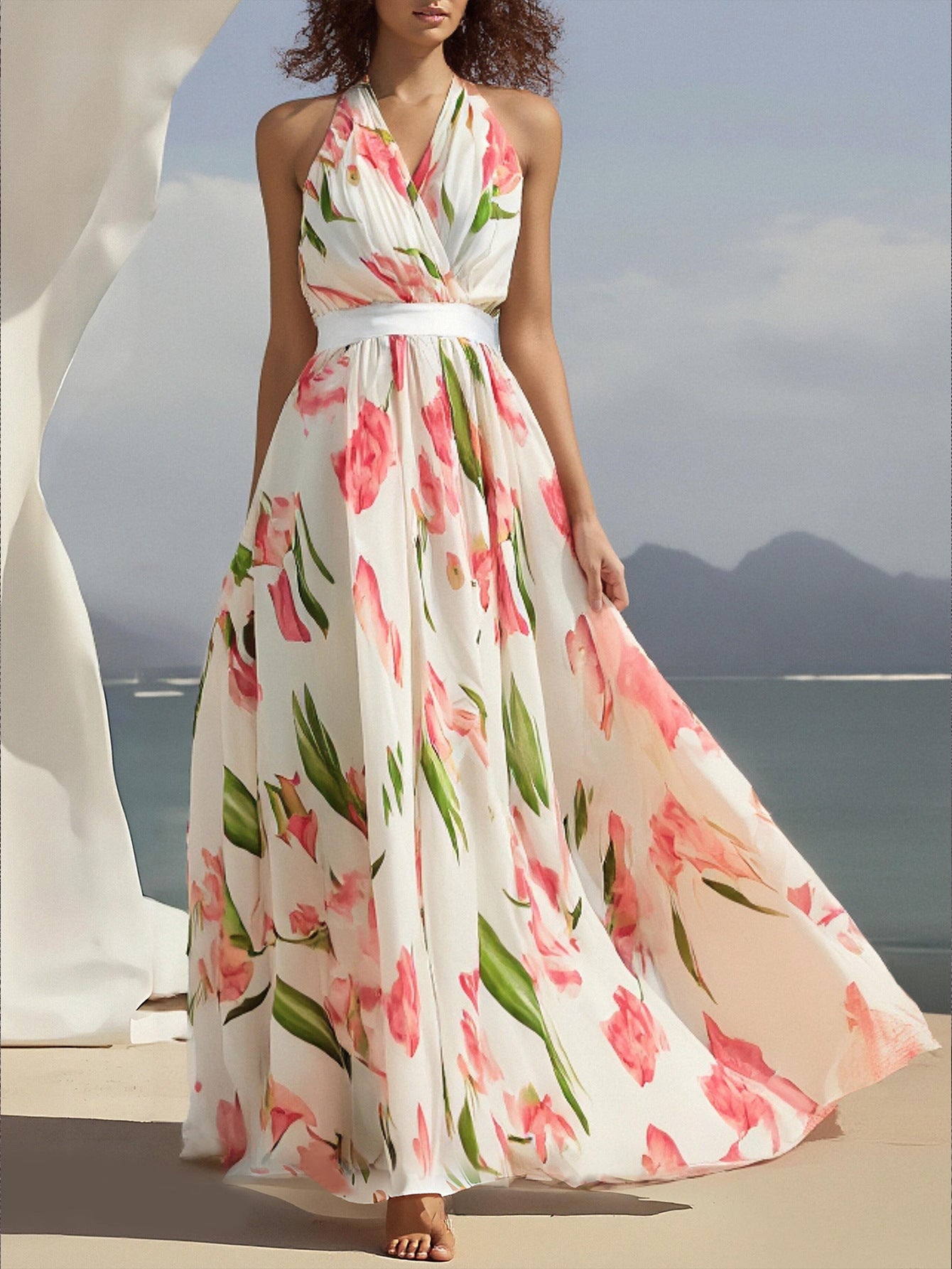 Women Suspender Print Beach Holidays Dress 3