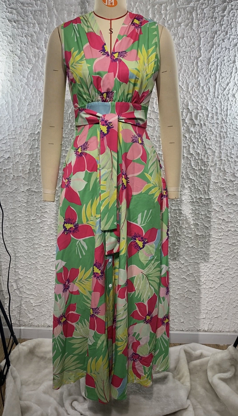 Summer Women's V-Neck Printed High Waist Belt Swing Maxi Dress 15
