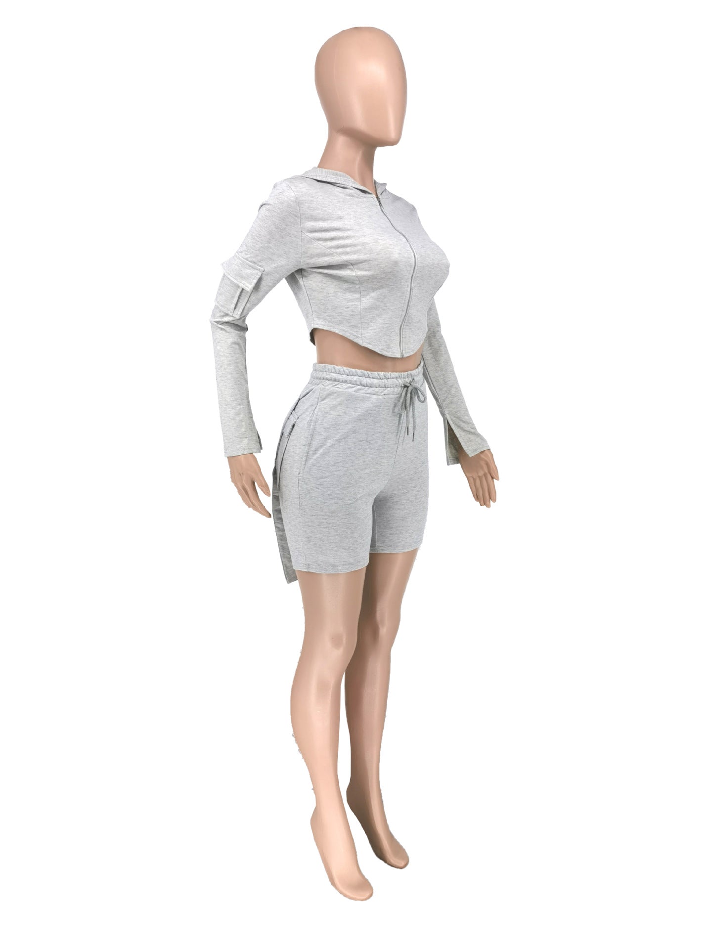 Women Casual Long Sleeve Top and Pocket Cargo Sports Shorts 2-piece Set 11