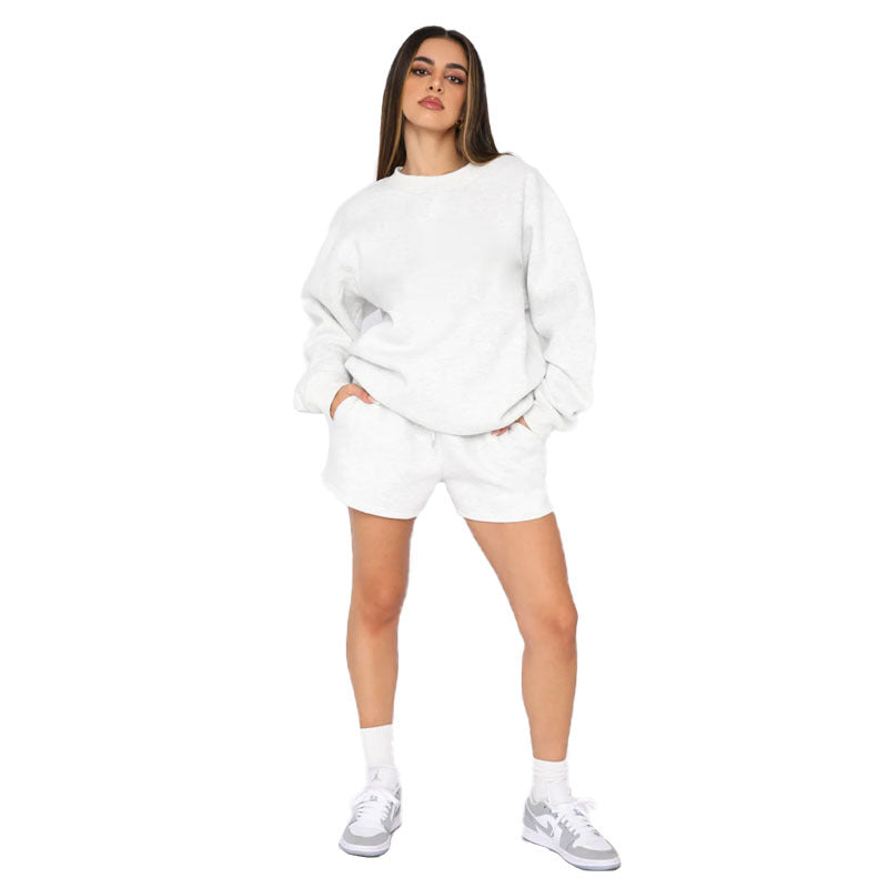 Fall Winter Solid Color Round Neck Pullover Long Sleeve Hoodies Women's Fashion Casual Shorts Two Piece Set 6
