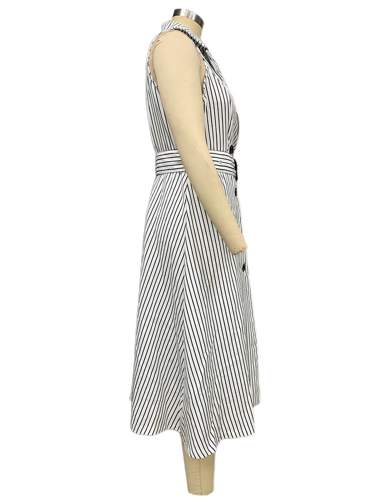 Spring Women's Fashion Chic Striped Sleeveless Turndown Collar A-Line Dress 4