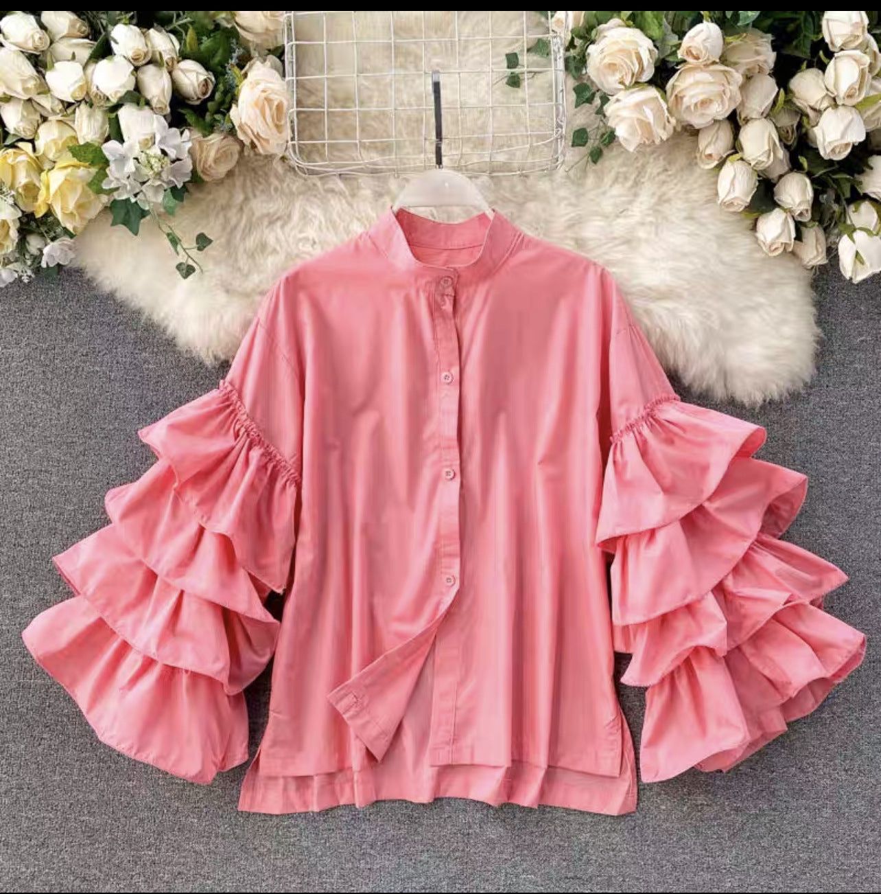Women multi-layered ruffled Bell Bottom loose-sleeved Stand Collar shirt 6