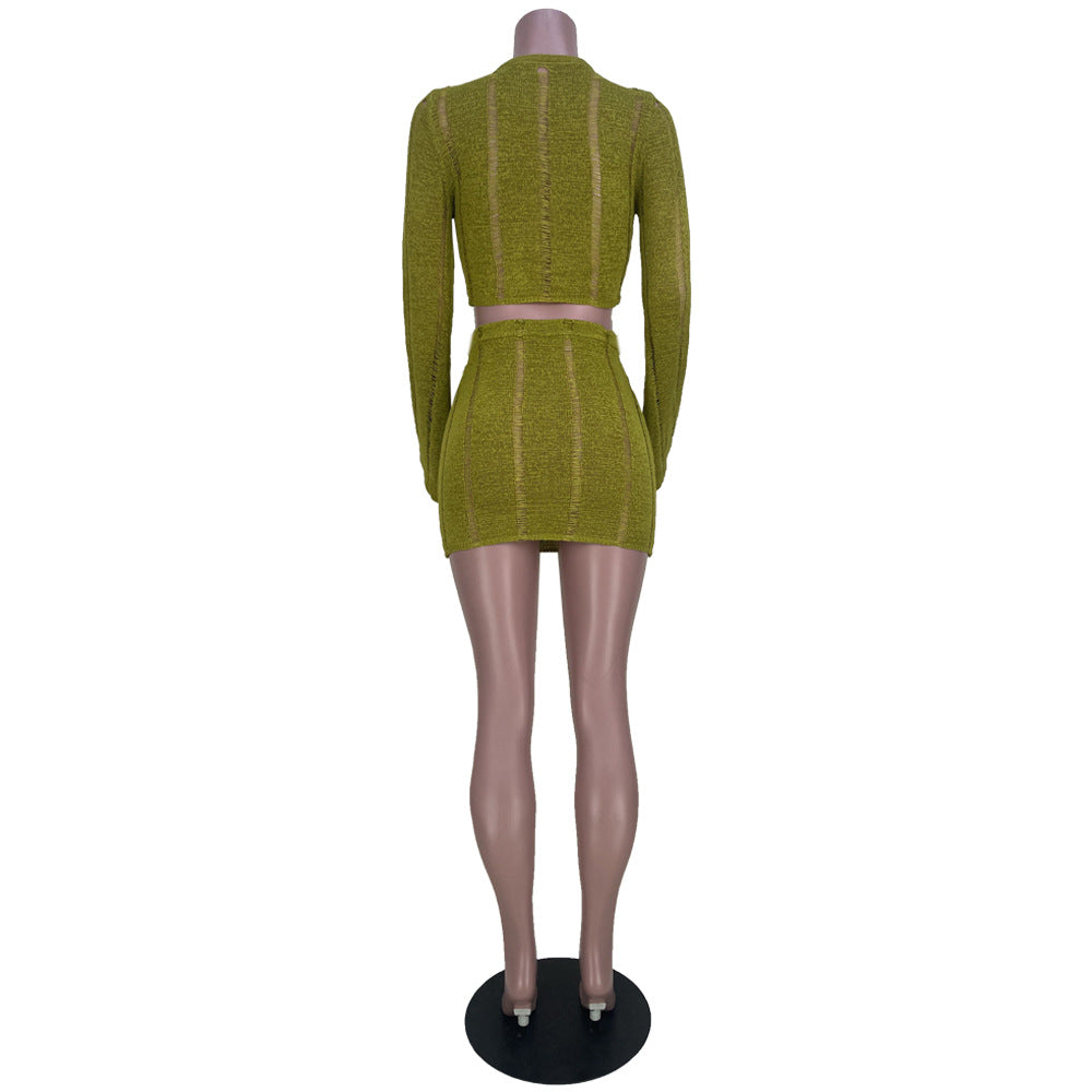 Women's Summer Fashion Casual Cutout Round Neck Top Slim Skirt Two-Piece Set 12