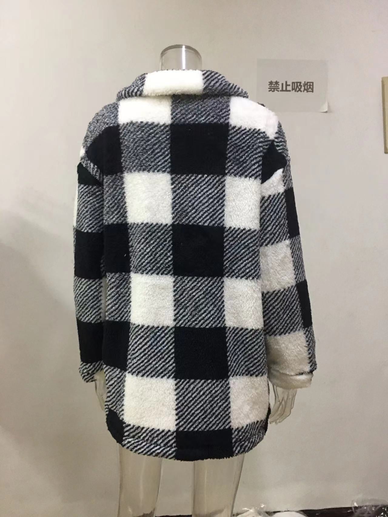 Women Autumn and Winter Pocket Plaid Sherpa Jacket Button Plush Jacket 38