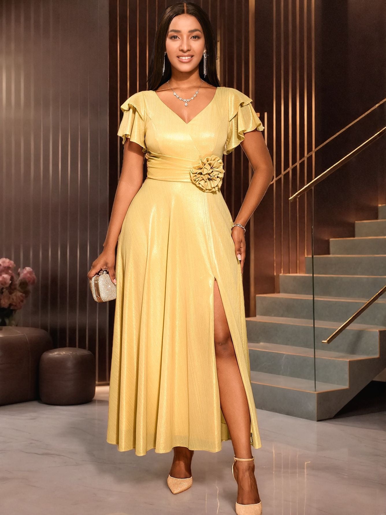Sexy V-Neck Ruffle-Sleeve Party Dress Chic High-Waist Gold Evening Gown 3