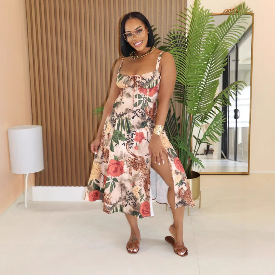Women Sexy Slit Elegant Printed Strap Dress