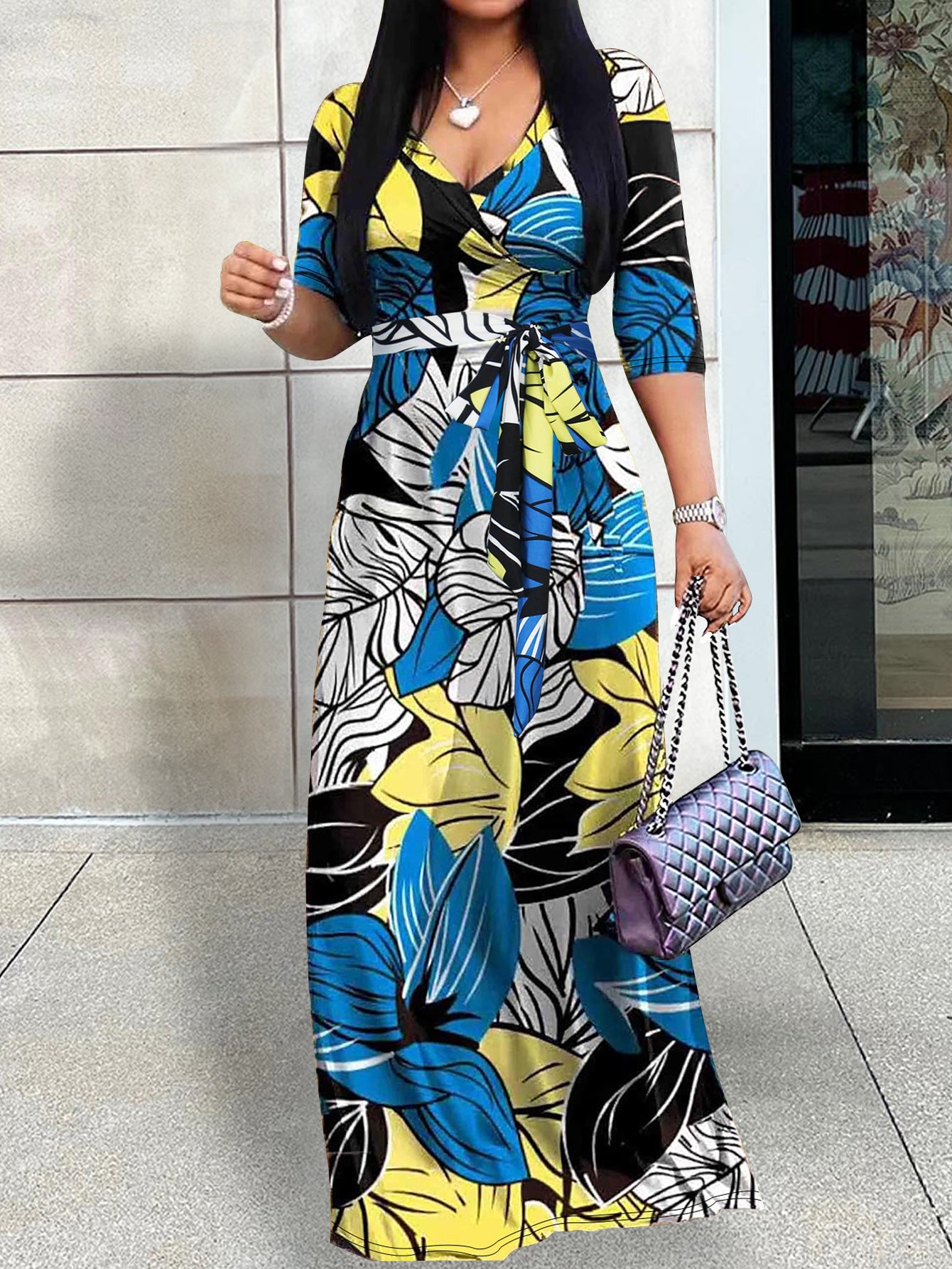 Spring & Autumn Women's Fashion Elegant Wrap V-Neck Half-Sleeve Print Belt Maxi Dress 33
