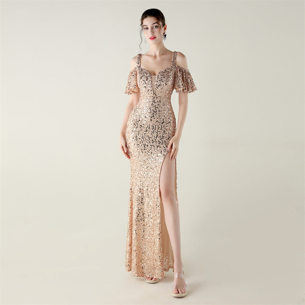 Women sequined sequined  short-sleeved off-shoulder V neck split fishtail Formal Party evening dress 6