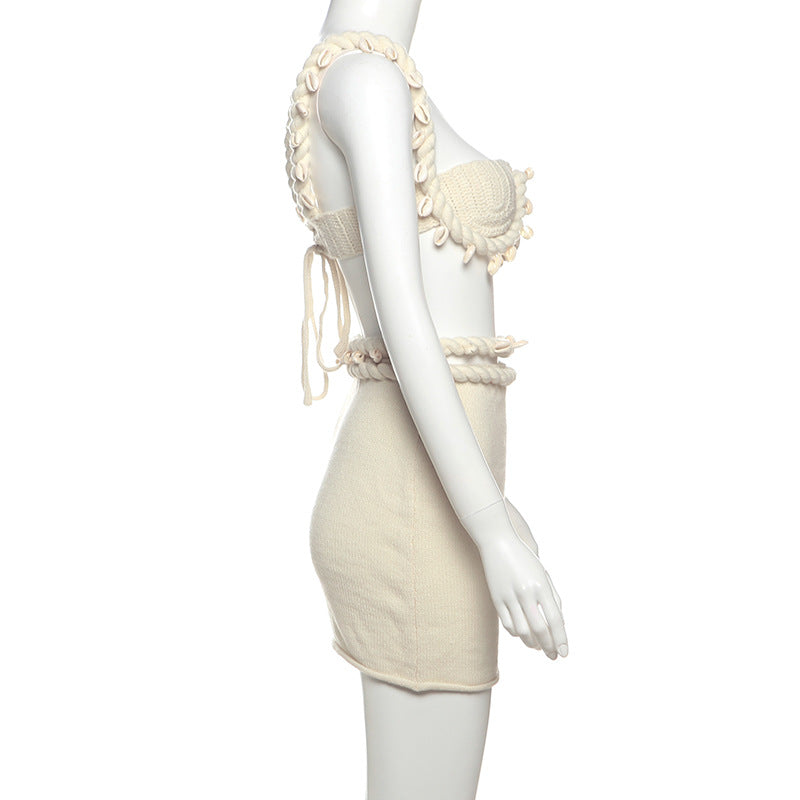 Women Summer Sexy Solid Knitting Crop Top and Skirt Two Piece Set 23