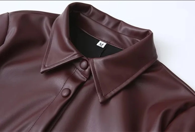 Women's Turndown Collar Button Pu Jacket Mini Skirt Two-Piece Set 12