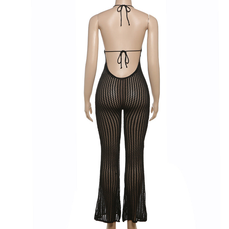 Spring Sexy Halter Neck Low Back Slim Flared Jumpsuit 16