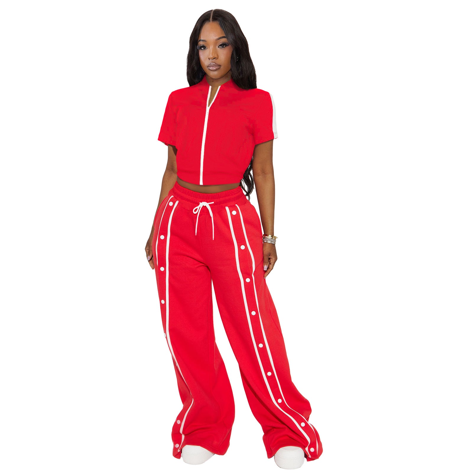 Women's Sports Two-Piece Set Buttoned Loose Pocket Wide-Leg Pants & Short Sleeve Zipper Top 9