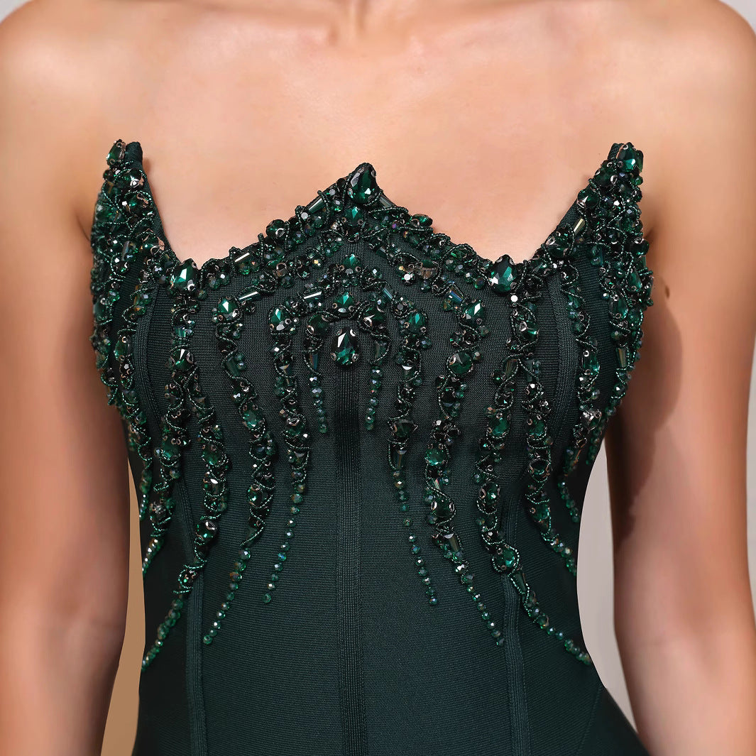 Women Strapless Lace-Up Diamond Fishtail Evening Dress 5