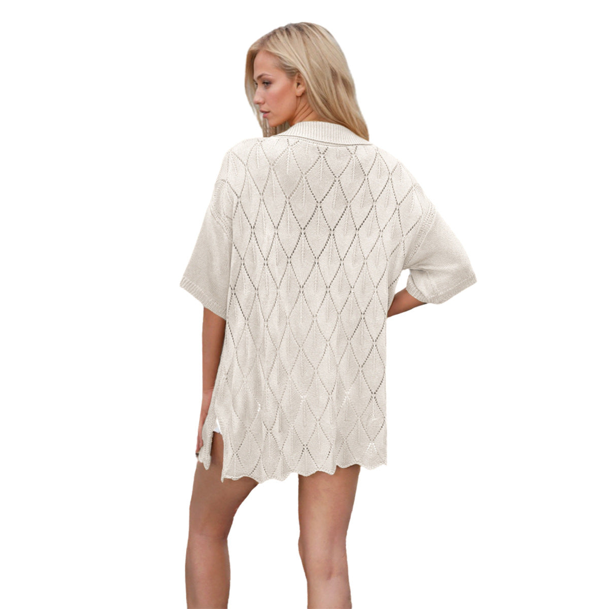 Women Spring Summer Turndown Collar Casual Short Sleeve Knitting Top 7