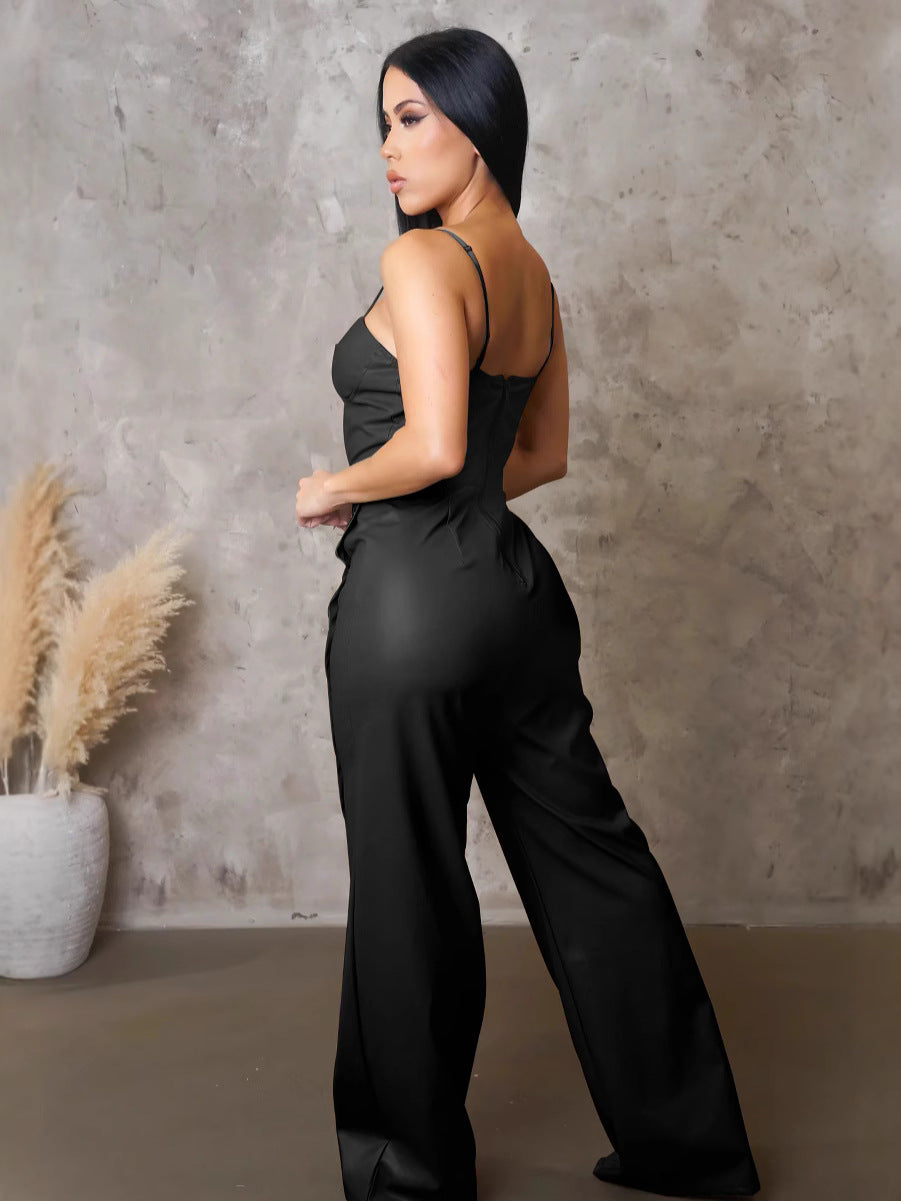 Women's PU Leather Strap Sleeveless Wide-Leg Jumpsuit 5