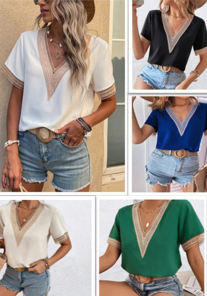 Women's V-Neck Lace Loose Blouse Chic Career Short Sleeve Women's Shirt