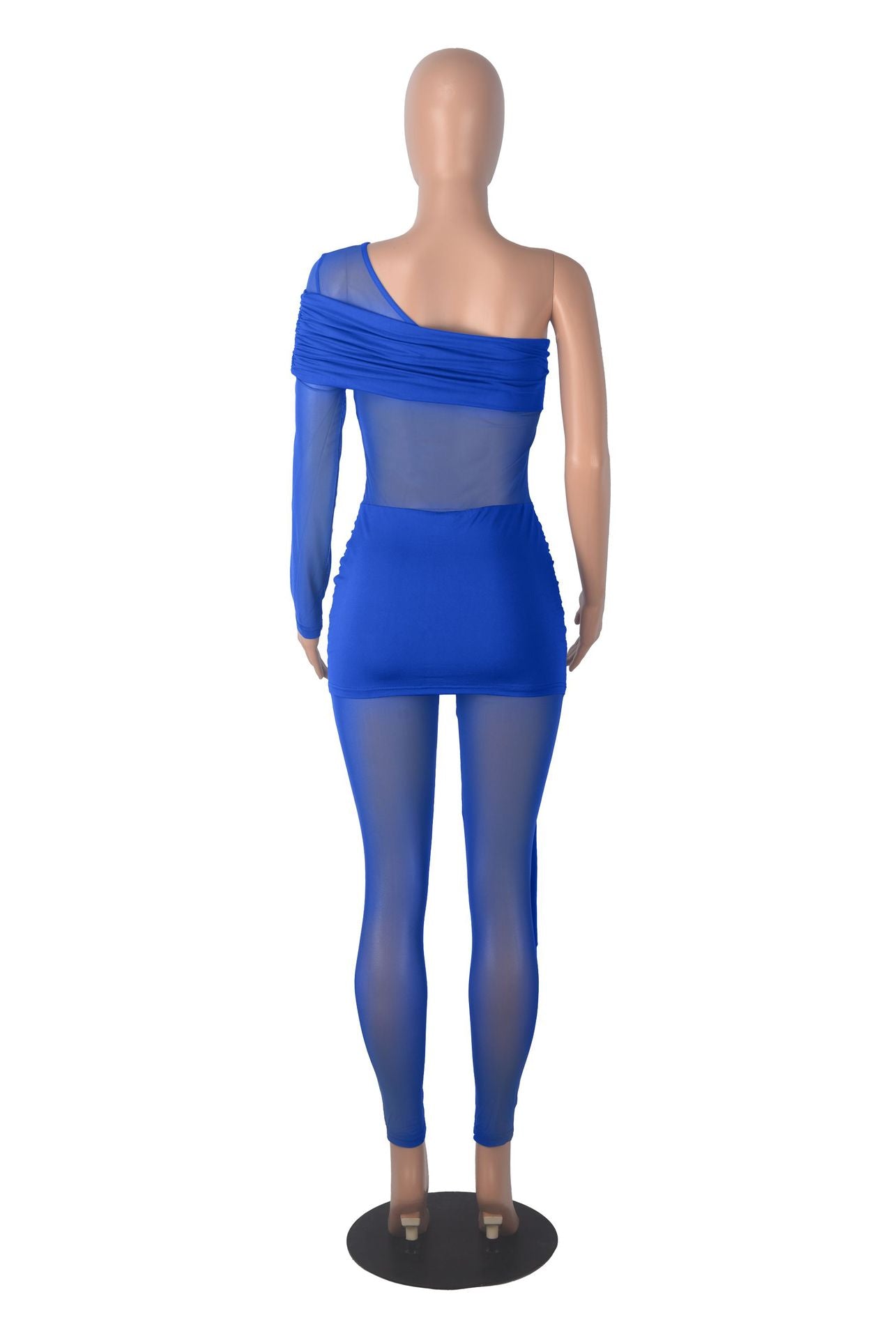 Fashion Slim Fit Sexy Solid Color Slim Waist One-Shoulder Long Sleeve Patchwork Jumpsuit 12