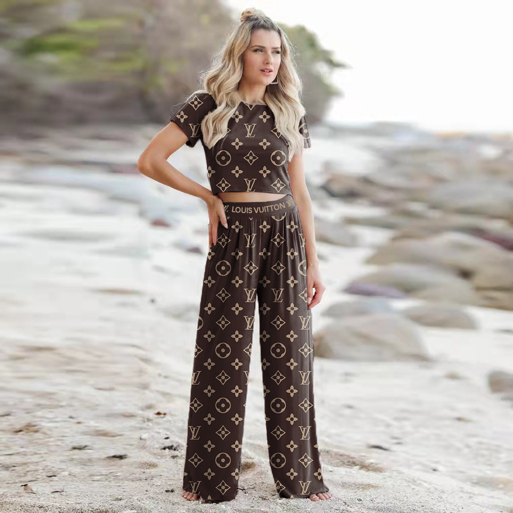 Women's Summer Sexy Short Sleeve Wide Leg Two-Piece Pants Set 4