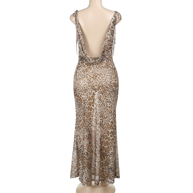 Women Summer Leopard Lace-Up Drawstring Backless Dress 7