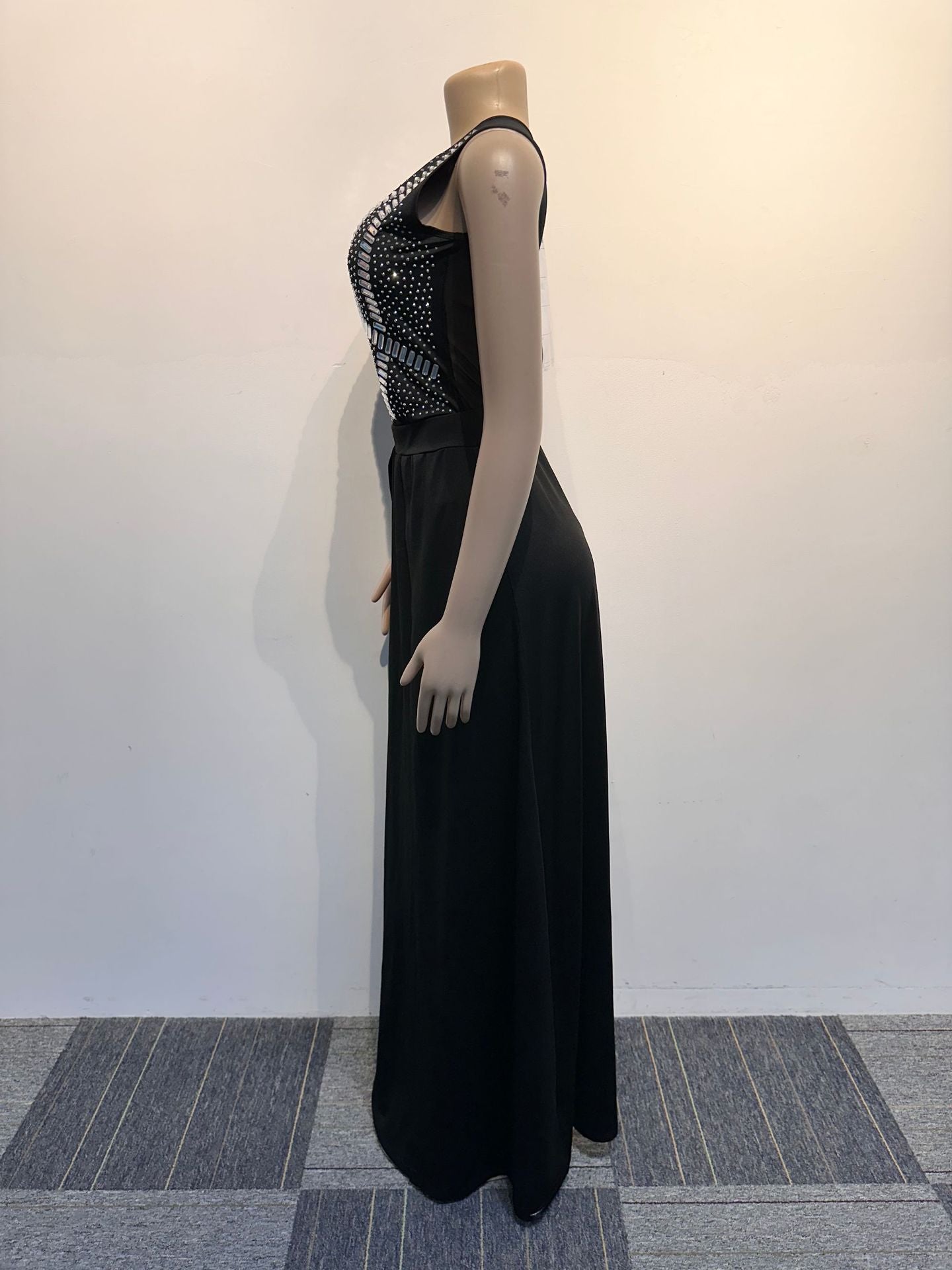 Sexy Beaded See-Through Low Back Mesh Bodysuit Slit Skirt Two-Piece Set 10