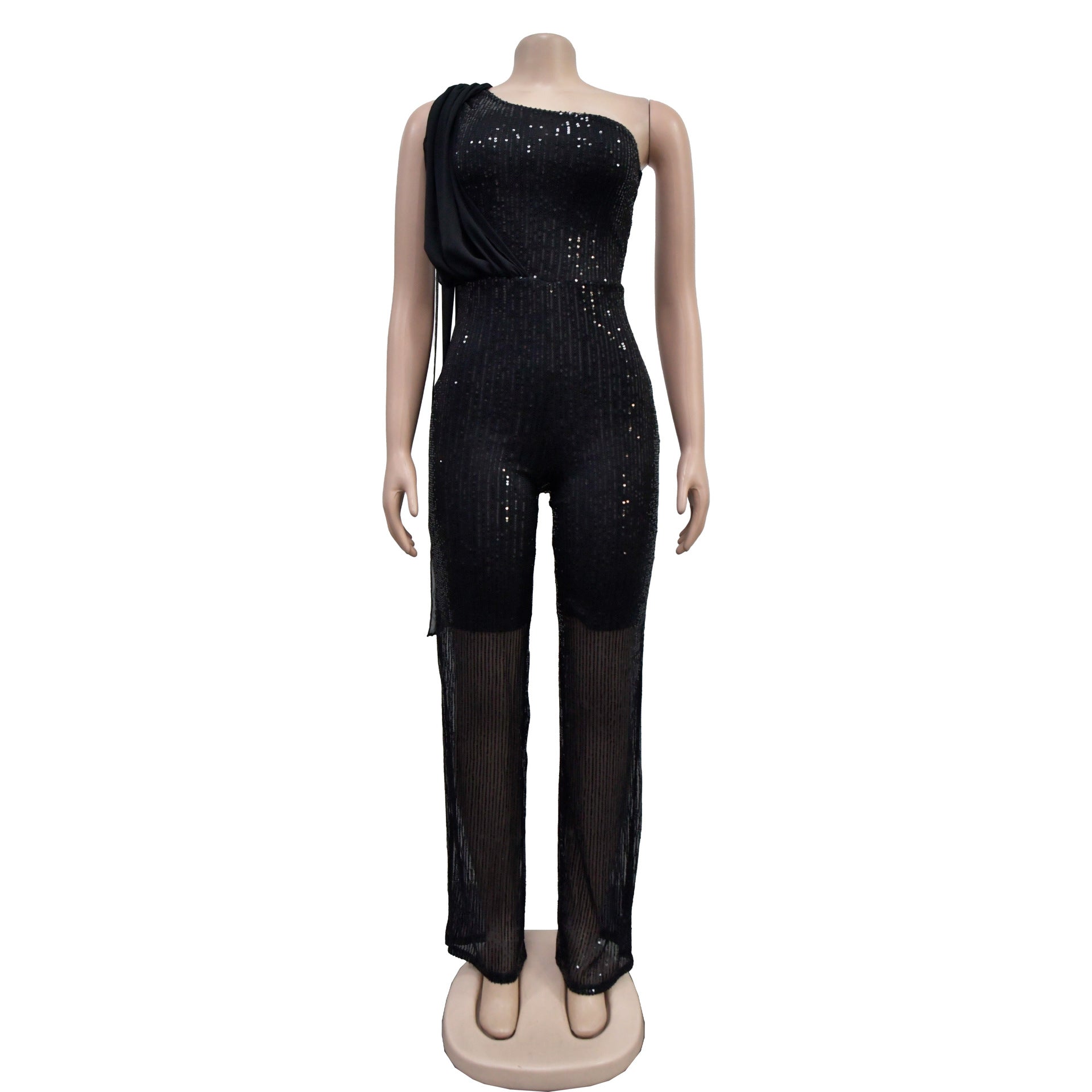 Women Solid Sleeveless One Shoulder Sequin Jumpsuit 21