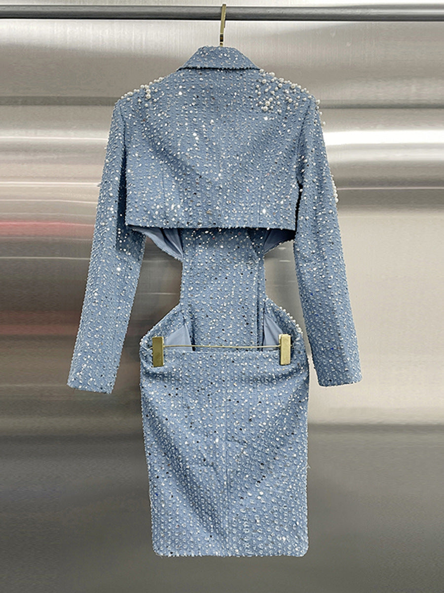 Women Sexy Open Waist Beaded Long Sleeve Blazer Dress 4