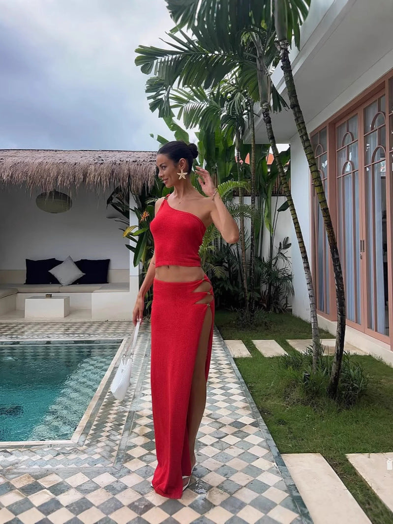 Women's Spring & Summer Sexy Slash Shoulder Top & Slit Skirt Solid Color Knitted Two-Piece Set For Holidays 6